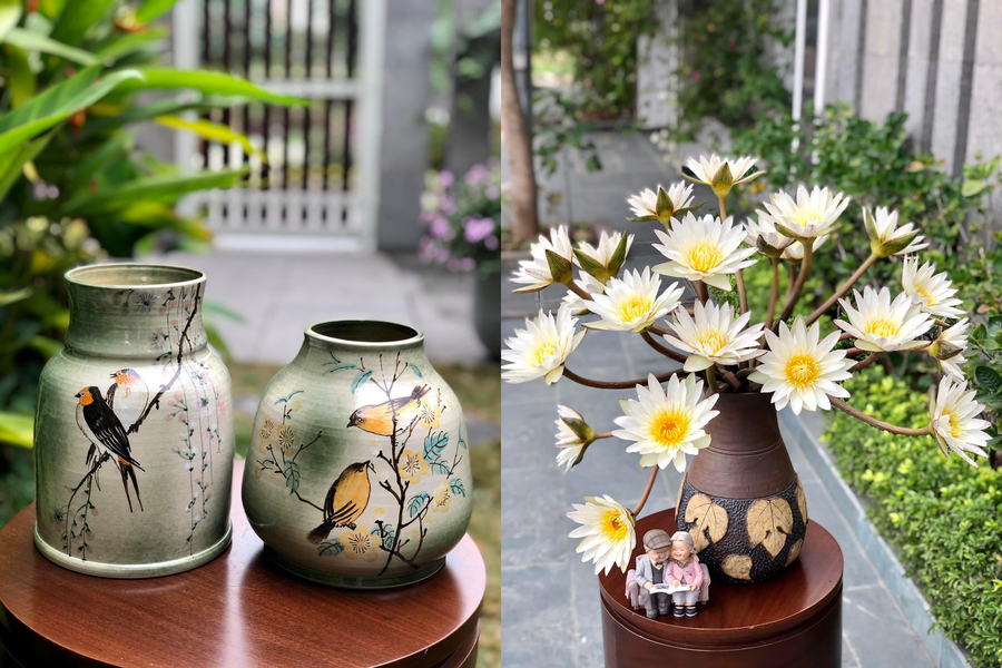 Bán lọ gốm vừa giúp chị Thảo có thu nhập, vừa giúp chị sáng tạo được nhiều cách cắm hoa đẹp. Ảnh: Thảo Phạm