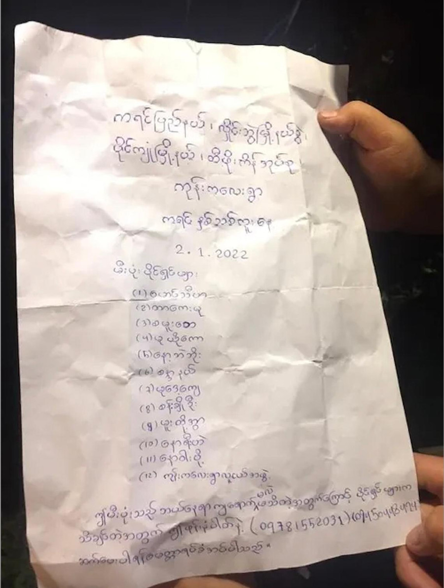 Tờ giấy viết chữ Myanmar trên quả khí cầu. Ảnh: CTV Tờ giấy viết chữ Myanmar trên quả khí cầu. Ảnh: CTV