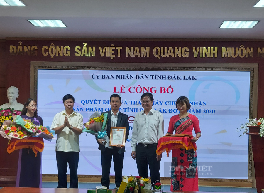 Anh Trương Ngọc Quang (ở giữa) đại diện cho Công ty TNHH Cacao Nam Trường Sơn nhận giấy chứng nhận 4 sao OCOP cấp tỉnh cho sản phẩm bột ca cao nguyên chất của UBND tỉnh Đắk Lắk. Ảnh: NVCC