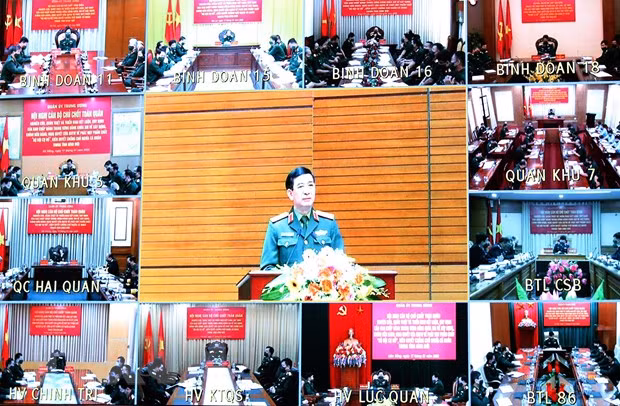 Các điểm cầu trong toàn quân dự hội nghị. (Ảnh: Trọng Đức/ TTXVN)