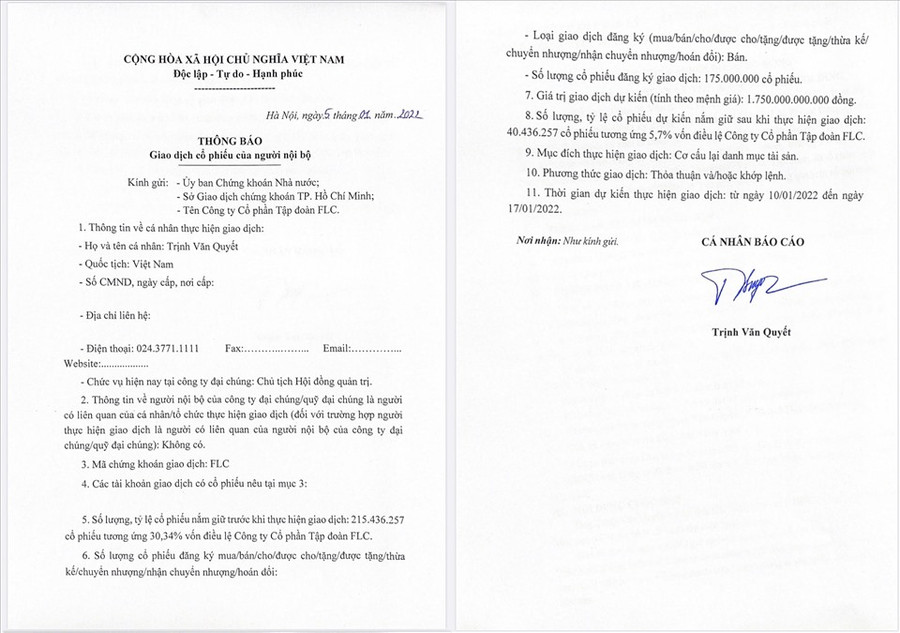 Văn bản được công bố trên website của Tập đoàn FLC về việc ông Trịnh Văn Quyết đăng kí bán 175 triệu cổ phiếu FLC. Ảnh chụp màn hình