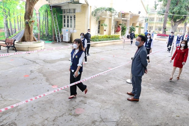  Học sinh đảm bảo giãn cách. (Ảnh: Tuấn Đức/TTXVN)