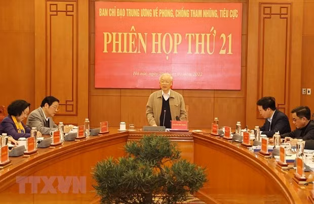 Tổng Bí thư Nguyễn Phú Trọng phát biểu kết luận Phiên họp thứ 21. (Ảnh: Trí Dũng/TTXVN)