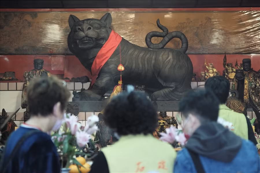  Người dân địa phương cầu nguyện trước bức tượng thần hổ ở thành phố Tân Đài Bắc, Đài Loan (Trung Quốc) vào ngày 28.1, trước Tết Nhâm Dần 2022. Ảnh: AFP