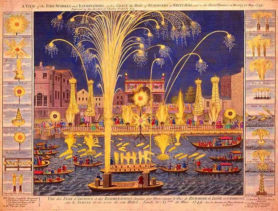 Pháo hoa trên sông Thames năm 1749. Ảnh chụp màn hình. Pháo hoa trên sông Thames năm 1749. Ảnh chụp màn hình.
