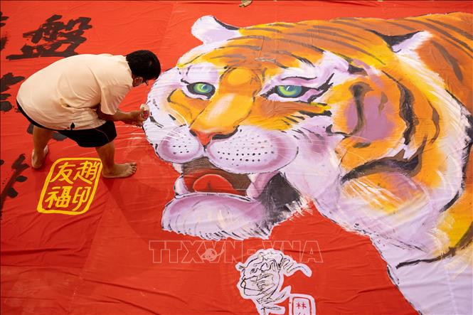 Người dân vẽ tranh hổ đón Tết Nguyên đán Nhâm Dần tại Bentong, bang Pahang, Malaysia, ngày 26/12/2021. Ảnh: THX/TTXVN Người dân vẽ tranh hổ đón Tết Nguyên đán Nhâm Dần tại Bentong, bang Pahang, Malaysia, ngày 26/12/2021. Ảnh: THX/TTXVN