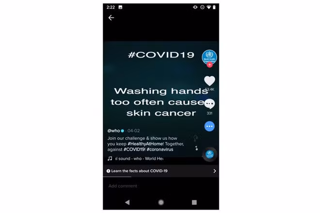Tài khoản của WHO bị sử dụng để trình diễn lỗ hổng trên TikTok, đăng video nội dung sai lệch về Covid-19. Ảnh chụp màn hình
