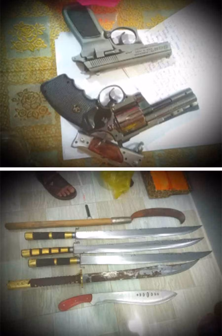 Lực lượng chức năng cũng bất ngờ khi phát hiện Kim tàng trữ nhiều súng, hung khí nguy hiểm. Ảnh: Hiền Đệ