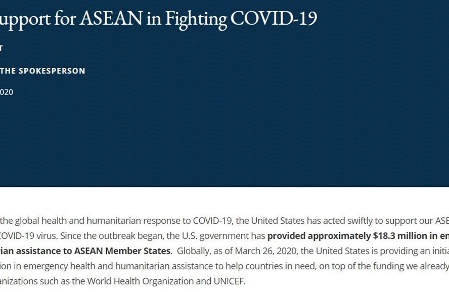  Thông báo trên website Bộ Ngoại giao Mỹ cho biết, Mỹ đã cung cấp khoảng 18,3 triệu USD hỗ trợ y tế và nhân đạo khẩn cấp cho các quốc gia thành viên ASEAN. Ảnh chụp màn hình.