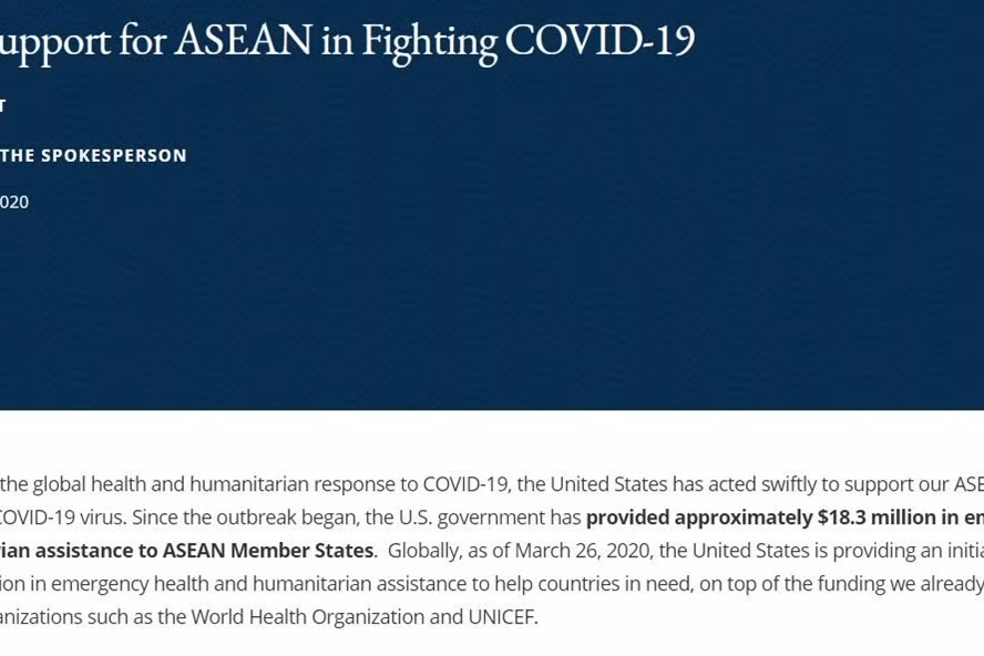  Thông báo trên website Bộ Ngoại giao Mỹ cho biết, Mỹ đã cung cấp khoảng 18,3 triệu USD hỗ trợ y tế và nhân đạo khẩn cấp cho các quốc gia thành viên ASEAN. Ảnh chụp màn hình.