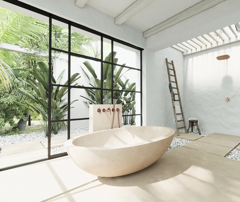 Thiết kế mở, cộng với khoảng diện tích rộng rãi thích hợp đặt một bồn tắm làm bằng đá. Thiết kế mở, cộng với khoảng diện tích rộng rãi thích hợp đặt một bồn tắm làm bằng đá.