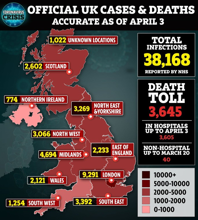 Dịch bệnh Covid-19 lan tràn dữ dội tại Anh (3.645 ca tử vong đến ngày 3-4) Dịch bệnh Covid-19 lan tràn dữ dội tại Anh (3.645 ca tử vong đến ngày 3-4)