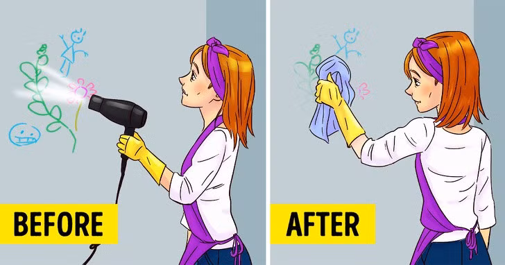 2. Khi con bạn vẽ trên tường, sử dụng máy sấy tóc để làm tan chảy sáp. Sau đó, dùng khăn ẩm lau sạch.