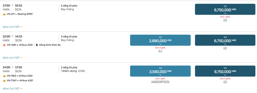 Vé máy của Vietnam Airlines và Jetstar Pacific Airlines có giá cao. (Ảnh: Chup màn hình)