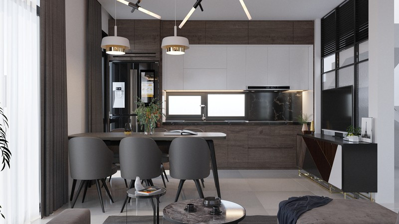 Phòng bếp nằm cạnh phòng khách, sử dụng nhiều đồ nội thất thông minh nhằm tiết kiệm diện tích và giúp gia chủ có thời gian tận hưởng cuộc sống.