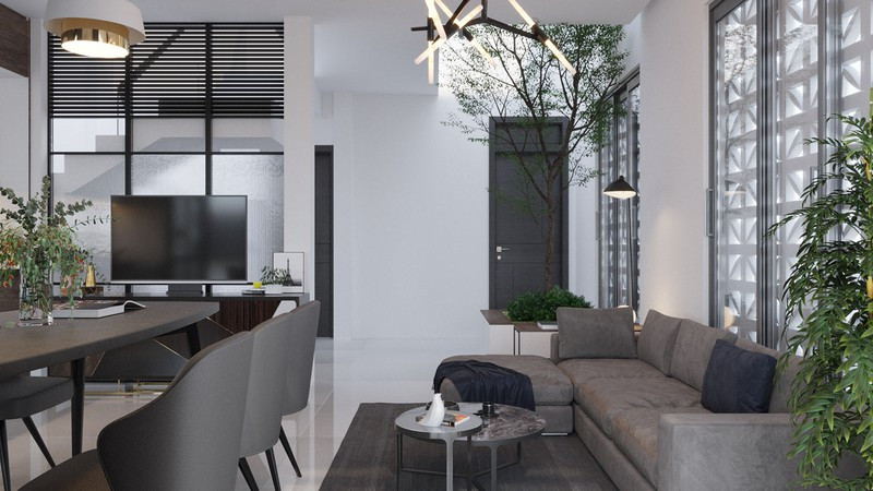 Cây xanh phát triển mạnh mẽ dưới khoảng giếng trời.