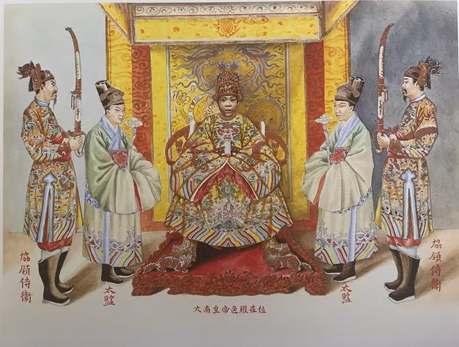  Ảnh 2: Bức tranh của họa sĩ Nguyễn Văn Nhân “Hoàng đế nước Đại Nam với đại triều phục” vẽ Thái giám đang đứng dâng hoa hai bên - Ảnh: Flickr manhhai