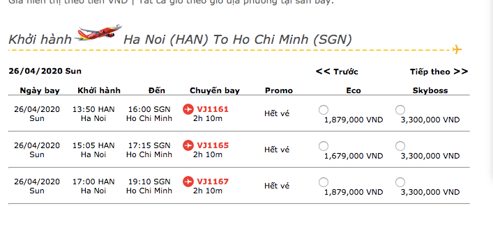 Giá vé máy bay của Vietjet Air.