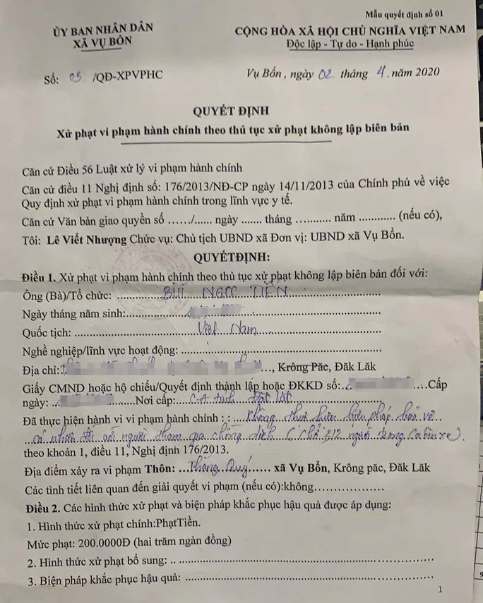 Quyết định xử phạt do tụ tập 3 người trên cabin