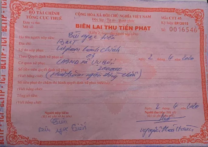 Biên lai thu tiền phạt vi phạm hành chính