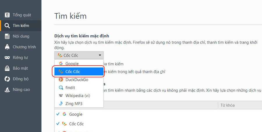 Thao tác chuyển sang dùng công cụ tìm kiếm Cốc Cốc trong trình duyệt Firefox.