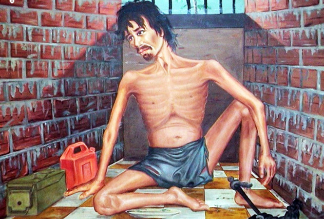 Vann Nath tự họa chân dung mình trong phòng biệt giam. Vann Nath tự họa chân dung mình trong phòng biệt giam.