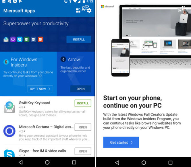 Nhấn vào Get started để bắt đầu khai thác trước tính năng Continue on PC.