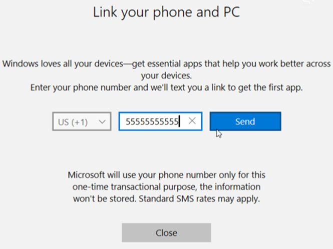Nhập số điện thoại mà bạn muốn nhận mật mã xác thực gửi từ Microsoft.
