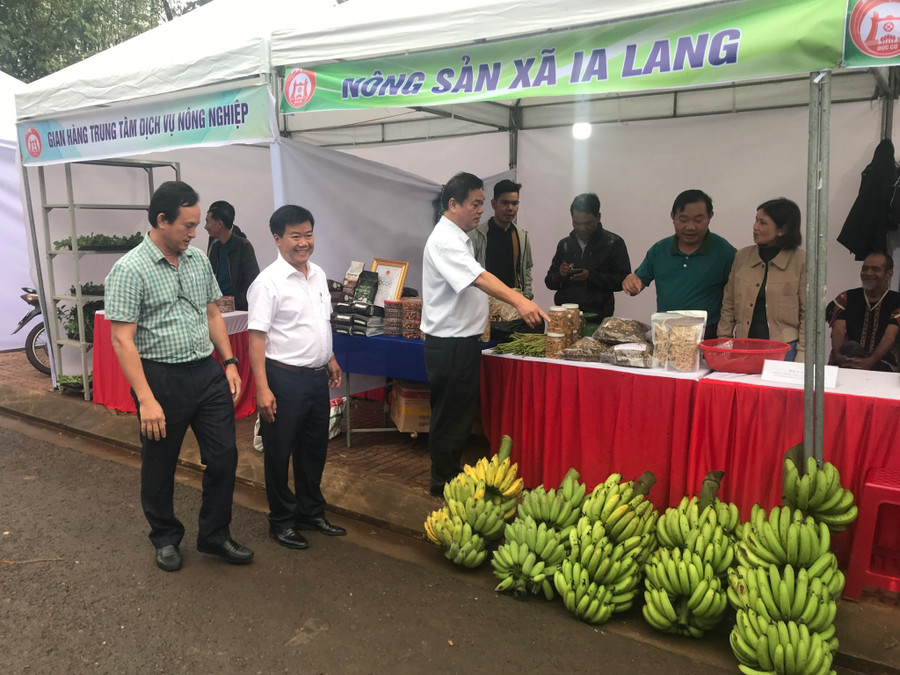 Lãnh đạo tỉnh và huyện Đức Cơ tham quan gian hàng nông sản đặc trưng của xã Ia Lang. Ảnh: Nguyễn Diệp Lãnh đạo tỉnh và huyện Đức Cơ tham quan gian hàng nông sản đặc trưng của xã Ia Lang. Ảnh: Nguyễn Diệp