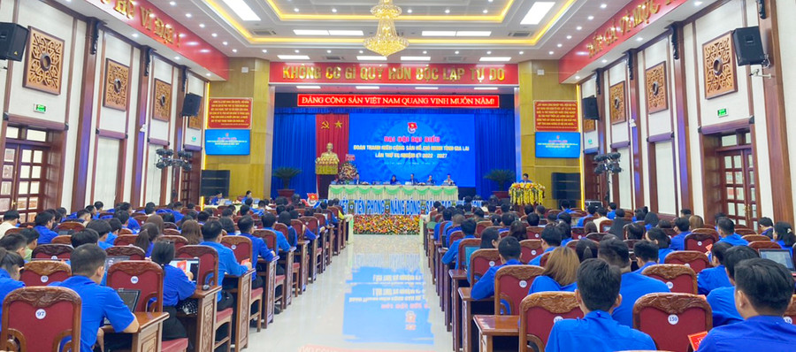 Quang cảnh phiên thứ nhất Đại hội đại biểu Đoàn TNCS Hồ Chí Minh tỉnh Gia Lai lần thứ XV, nhiệm kỳ 2022-2027. Ảnh: Minh Nhật