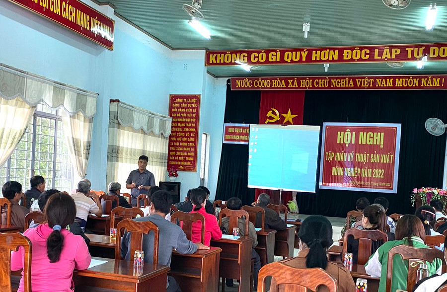 Quang cảnh lớp tập huấn. Ảnh: Ngọc Minh Từ ngày 5 đến 20-10, Trung tâm Dịch vụ nông nghiệp thị xã An Khê phối hợp với Hội Nông dân 11 xã, phường tổ chức tập huấn kỹ thuật sản xuất nông nghiệp cho 330 hội viên nông dân . Ảnh: Ngọc Minh