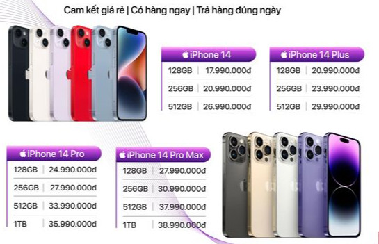 Bảng giá các mẫu iPhone 14 chính hãng tại một hệ thống bán lẻ sau khi đã trừ hết các ưu đãi. Ảnh nld.com.vn