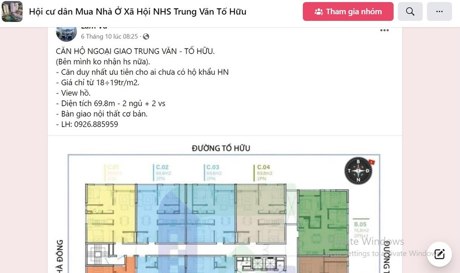 Những lời rao bán nhà ở xã hội trên hội nhóm. Ảnh chụp màn hình
