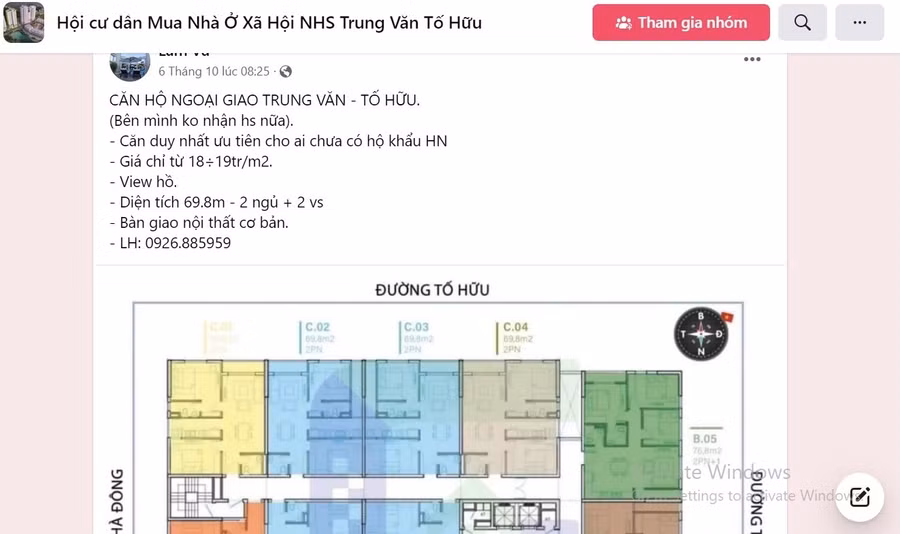 Những lời rao bán nhà ở xã hội trên hội nhóm. Ảnh chụp màn hình