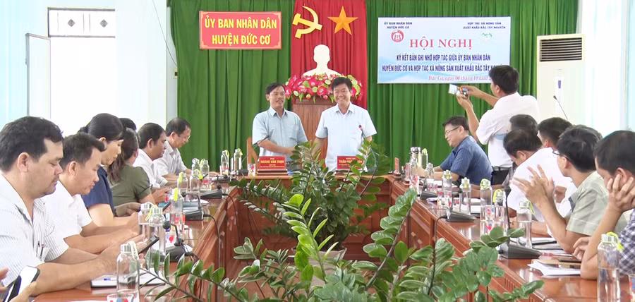  Ông Trần Ngọc Phận-Phó Chủ tịch UBND huyện Đức Cơ (bìa phải) và ông Hoàng Văn Trọn-Giám đốc HTX ký bản ghi nhớ. Ảnh: Lê Văn Châu