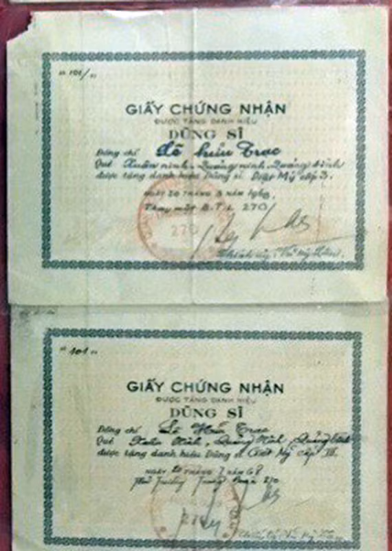  Giấy chứng nhận Dũng sỹ của ông Lê Hữu Trạc