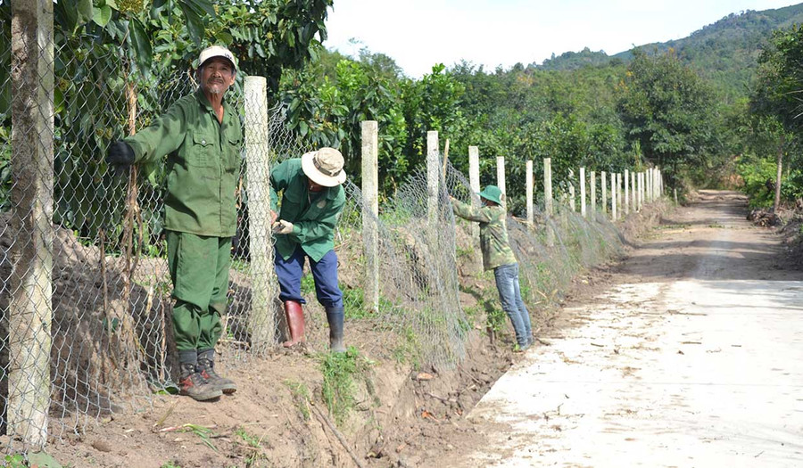  Ông Nguyễn Tấn Quang (bìa trái) đã có nhiều đóng góp giúp thôn 1 (thị trấn Phú Hòa, huyện Chư Păh) thêm khang trang, sạch đẹp. Ảnh: Hoàng Cư