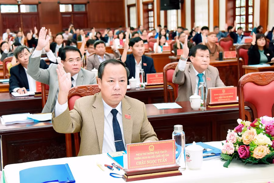 Các đại biểu HĐND tỉnh biểu quyết thông qua 7 nghị quyết quan trọng. Ảnh: Đức Thụy Các đại biểu HĐND tỉnh biểu quyết thông qua 7 nghị quyết quan trọng. Ảnh: Đức Thụy