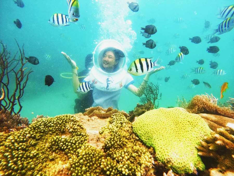 Cô thích thú với trải nghiệm đi bộ ngắm san hô dưới đáy biển.