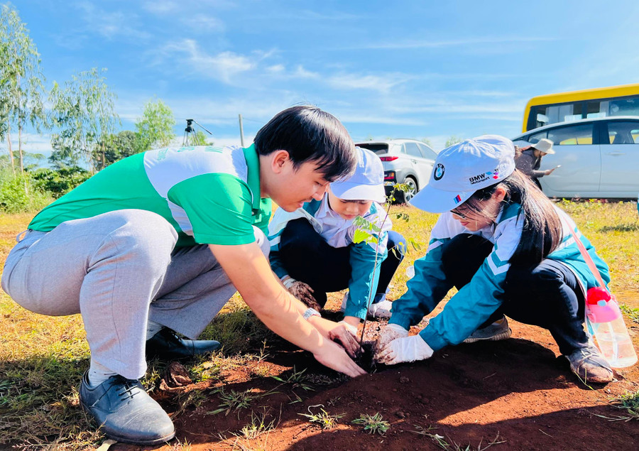 Các em học sinh Trường Tiểu học Chu Văn An (phường Tây Sơn, TP. Pleiku) trồng cây xanh xung quanh sân bóng đá làng Phung, xã Biển Hồ. Ảnh: Phan Lài