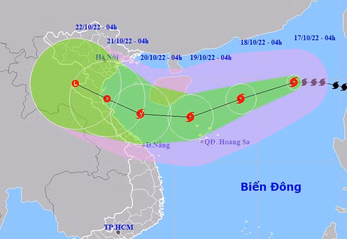 Dự báo vị trí và hướng di chuyển của bão số 6. Nguồn: Trung tâm Dự báo Khí tượng thủy văn quốc Dự báo vị trí và hướng di chuyển của bão số 6 - Nguồn: Trung tâm dự báo khí tượng thủy văn quốc