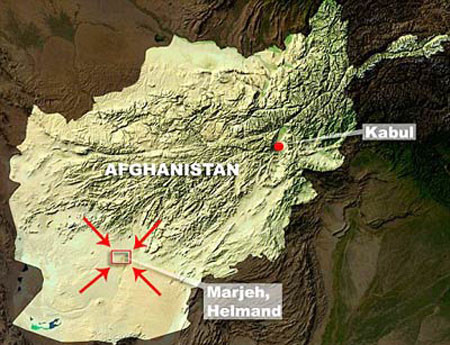 NATO tổng tấn công miền Nam Afghanistan ảnh 2 Vị trí huyện Marjeh thuộc tỉnh Helmand, Afghanistan.