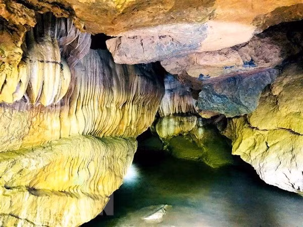 Hệ thống hang động nguyên sơ, hùng vỹ với những khối thạch nhũ vàng óng, lung linh. (Ảnh: Võ Dung/TTXVN)