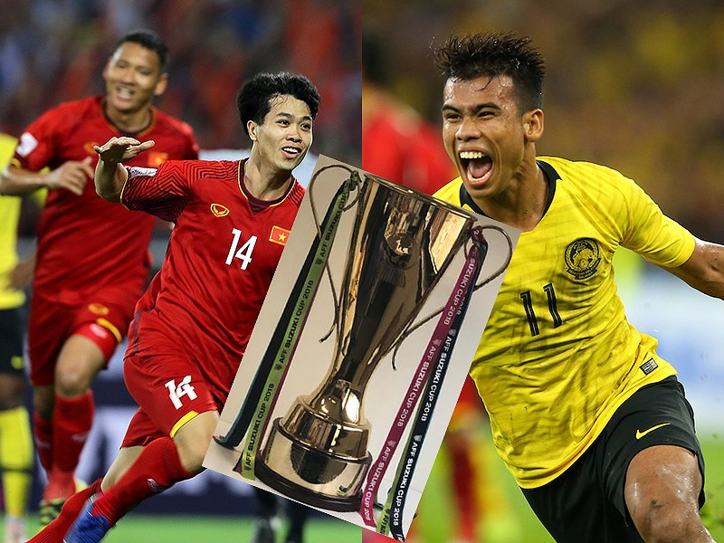 Chiếc cúp vô địch chỉ cách một trận chung kết lượt về với chút ưu thế cho đội tuyển Việt Nam. Ảnh: NGỌC DUNG; đồ họa: A.BÌNH