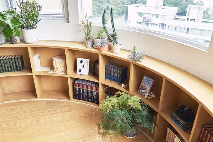 Ngoài sách, kệ còn là nơi trưng bày các loại cây và một vài món đồ kỷ niệm về những chuyến đi của người đàn ông.