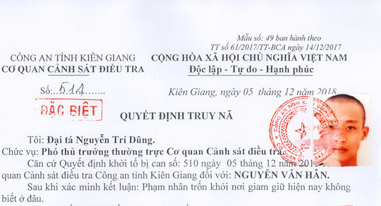Phạm nhân nguy hiểm này đã được đưa về trại tạm giam để xử lý theo quy định. Ảnh do công an cung cấp Phạm nhân nguy hiểm này đã được đưa về trại tạm giam để xử lý theo quy định. Ảnh do công an cung cấp