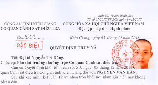 Phạm nhân nguy hiểm này đã được đưa về trại tạm giam để xử lý theo quy định. Ảnh do công an cung cấp