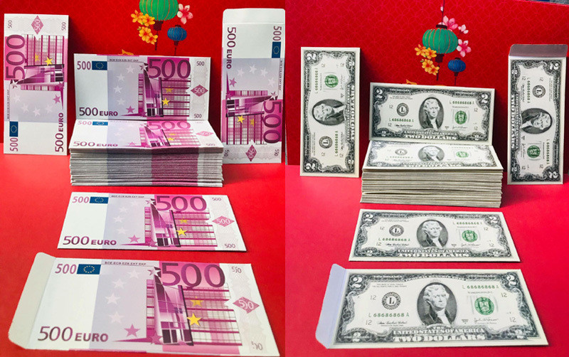  Ngoài bao lì xì tiền Việt Nam đồng, thị trường còn xuất hiện mẫu bao lì xì tiền nước ngoài