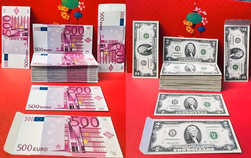  Ngoài bao lì xì tiền Việt Nam đồng, thị trường còn xuất hiện mẫu bao lì xì tiền nước ngoài