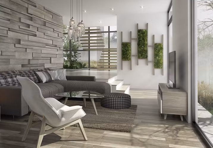  Bức tường gỗ mang đến tính thẩm mỹ cao đòi hỏi sự đầu tư xứng đáng của chủ nhân, bức tường cây xanh khiến căn phòng tiến gần hơn với phong cách thiên nhiên thô mộc. 